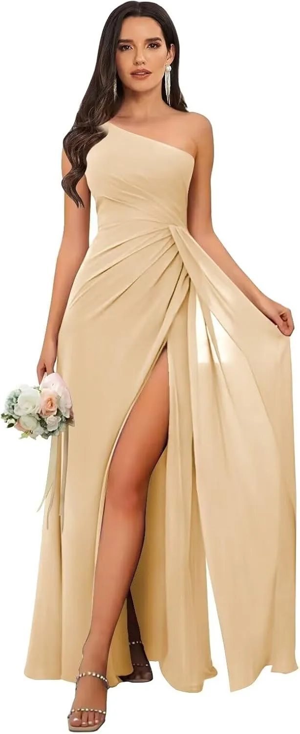 One Shoulder Bridesmaid Dresses for Wedding Long Chiffon Ruched Evening Gown with Slit