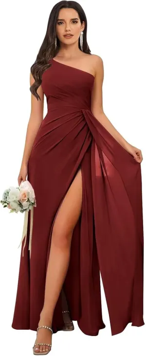 One Shoulder Bridesmaid Dresses for Wedding Long Chiffon Ruched Evening Gown with Slit
