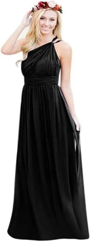 One Shoulder Bridesmaid Junior Dresses Chiffon Pleated Evening Gowns for Women Black US12
