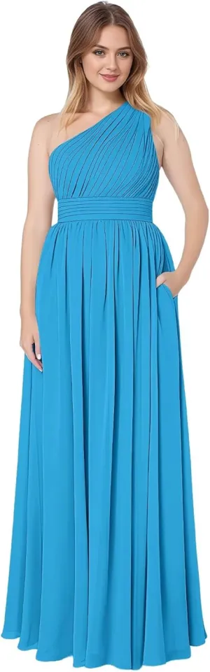 One Shoulder Chiffon Bridesmaid Dresses for Women Long A Line Ruched Formal Evening Dress with Pockets