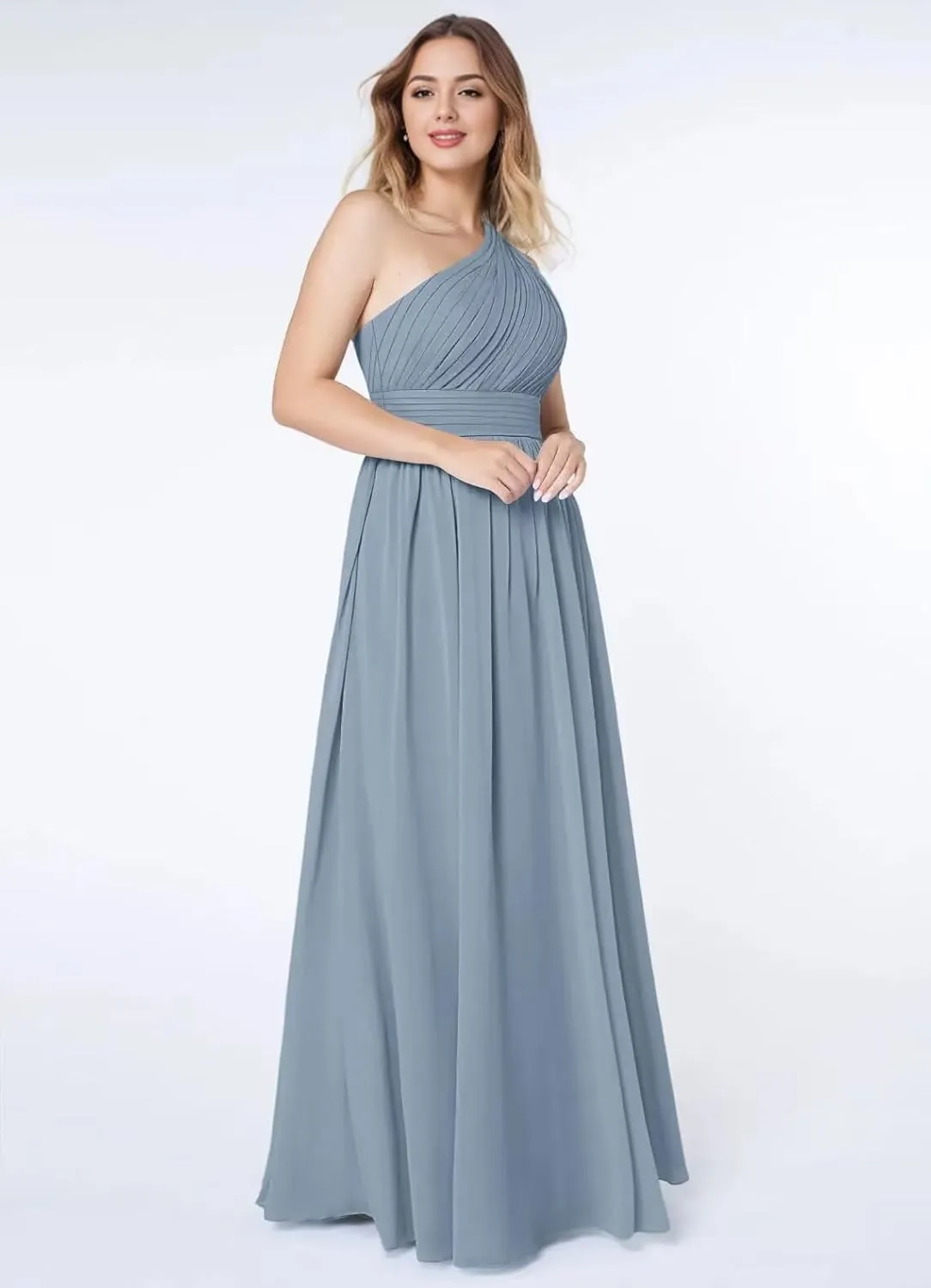 One Shoulder Chiffon Bridesmaid Dresses for Women Long A Line Ruched Formal Evening Dress with Pockets