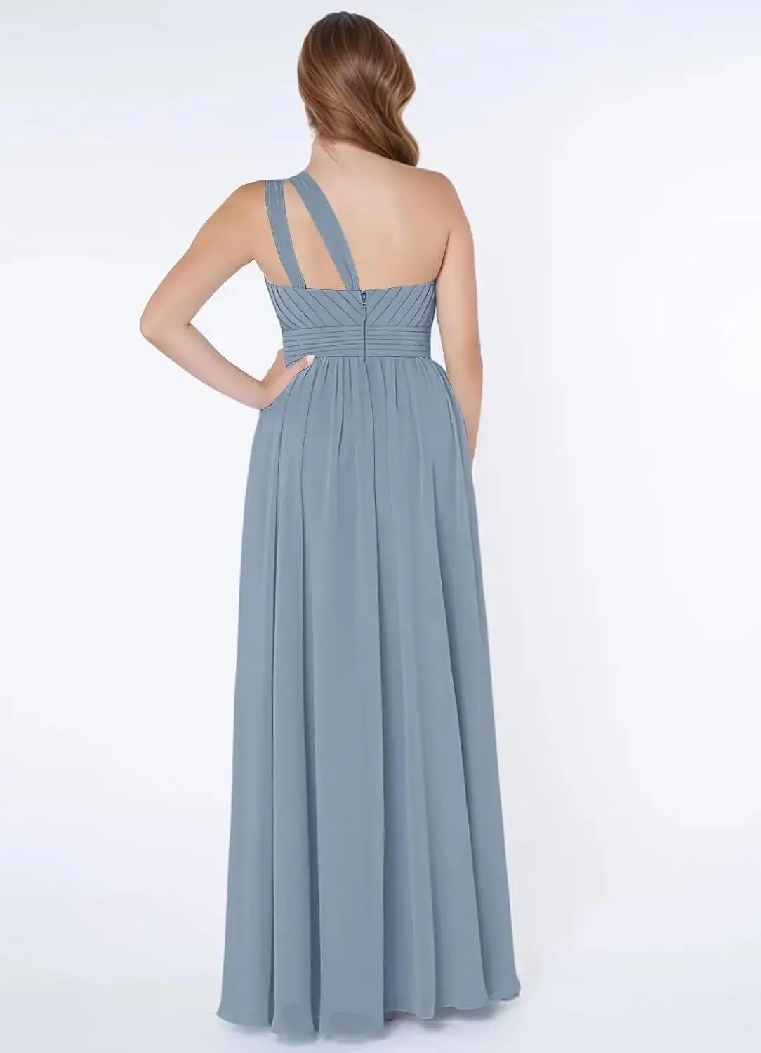 One Shoulder Chiffon Bridesmaid Dresses for Women Long A Line Ruched Formal Evening Dress with Pockets