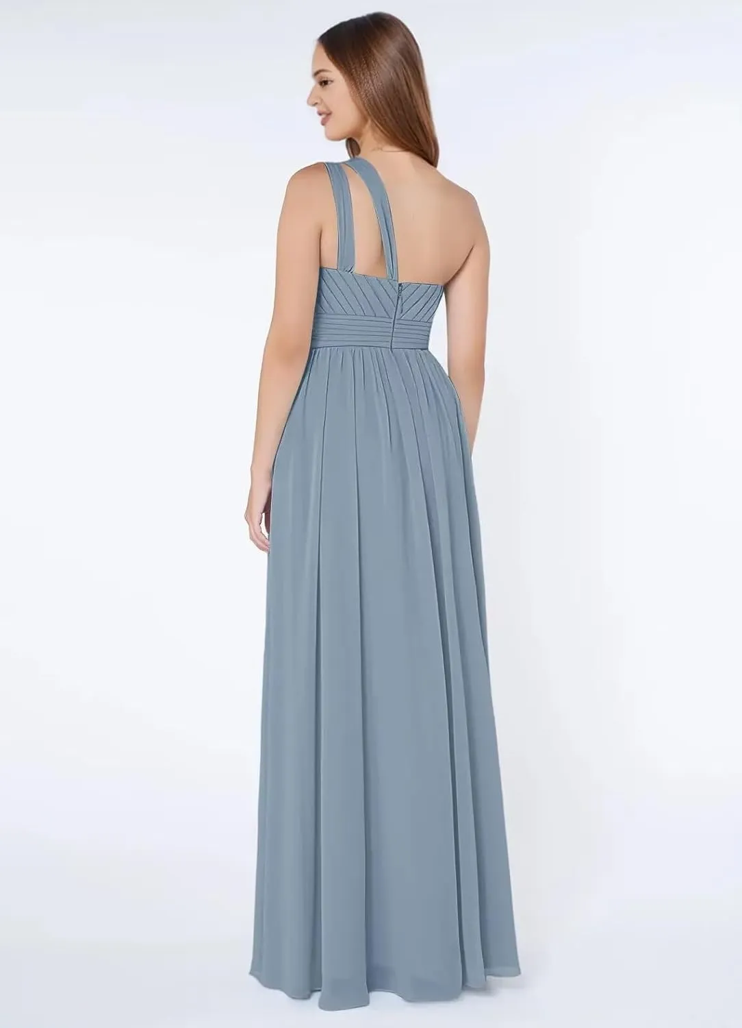 One Shoulder Chiffon Bridesmaid Dresses for Women Long A Line Ruched Formal Evening Dress with Pockets