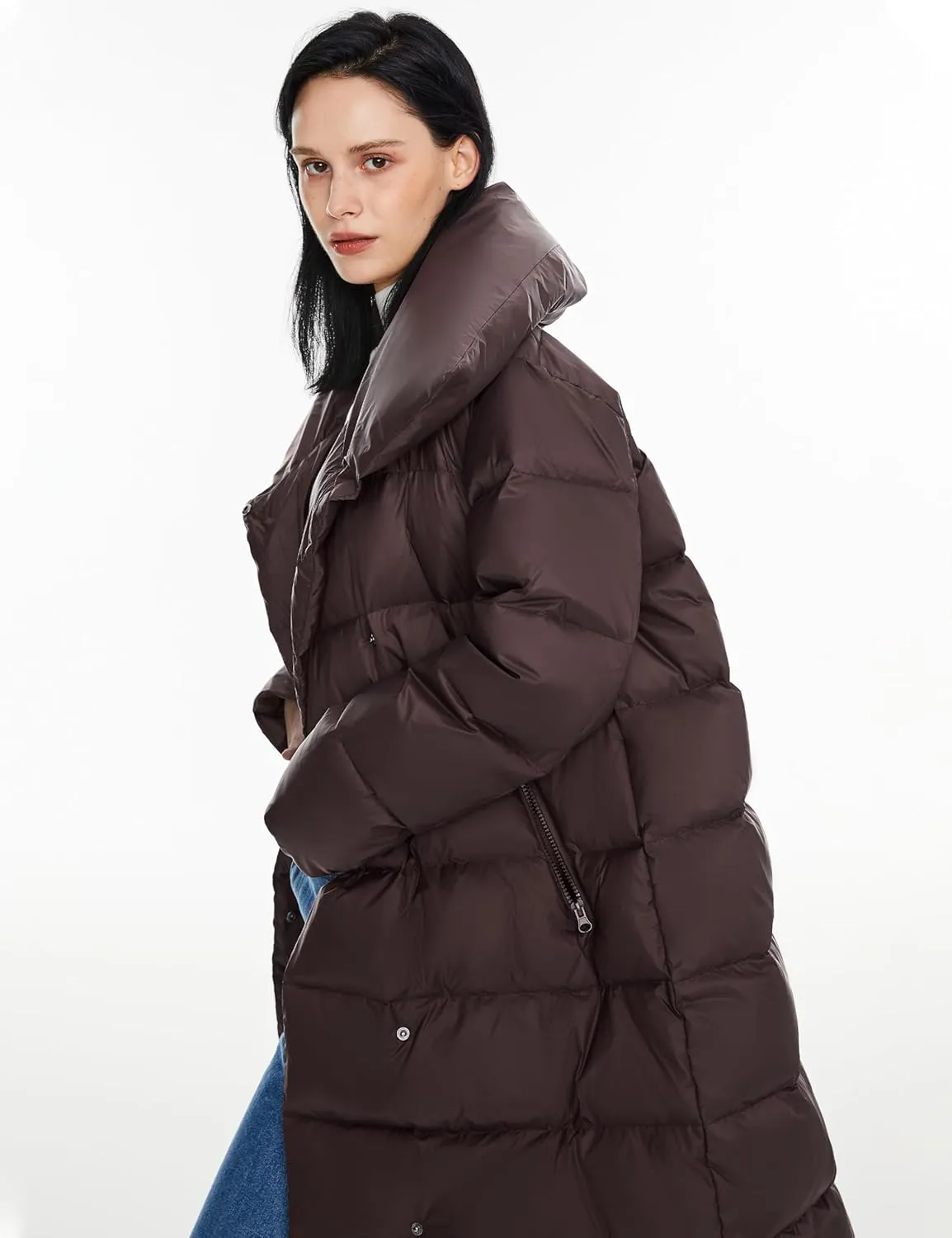 Orolay Women's Winter Puffer Jacket - Oversized Collar Down Coat Irregular Hem Overcoat with Pockets