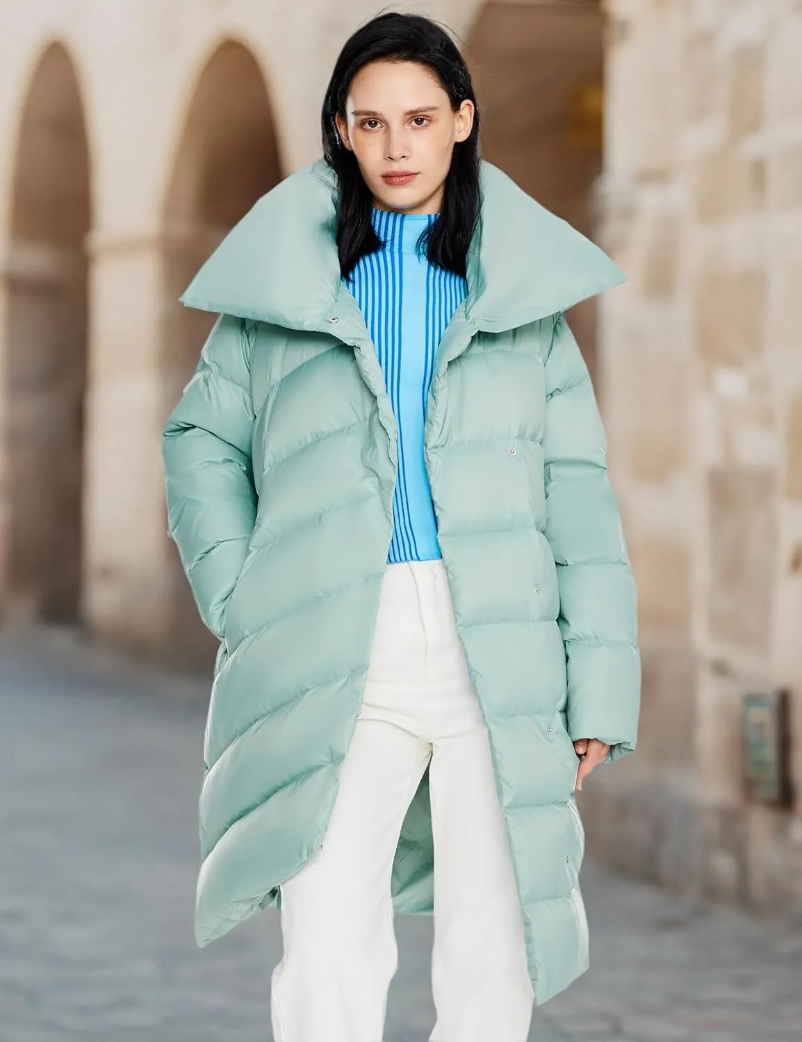 Orolay Women's Winter Puffer Jacket - Oversized Collar Down Coat Irregular Hem Overcoat with Pockets