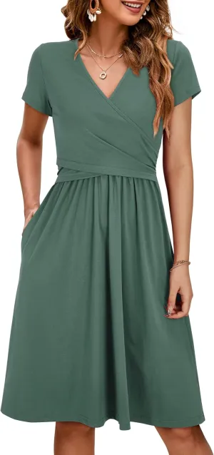 OUGES Women's 2025 Fashion V Neck Midi Dress with Pockets Maternity Clothes Nursing Dresses