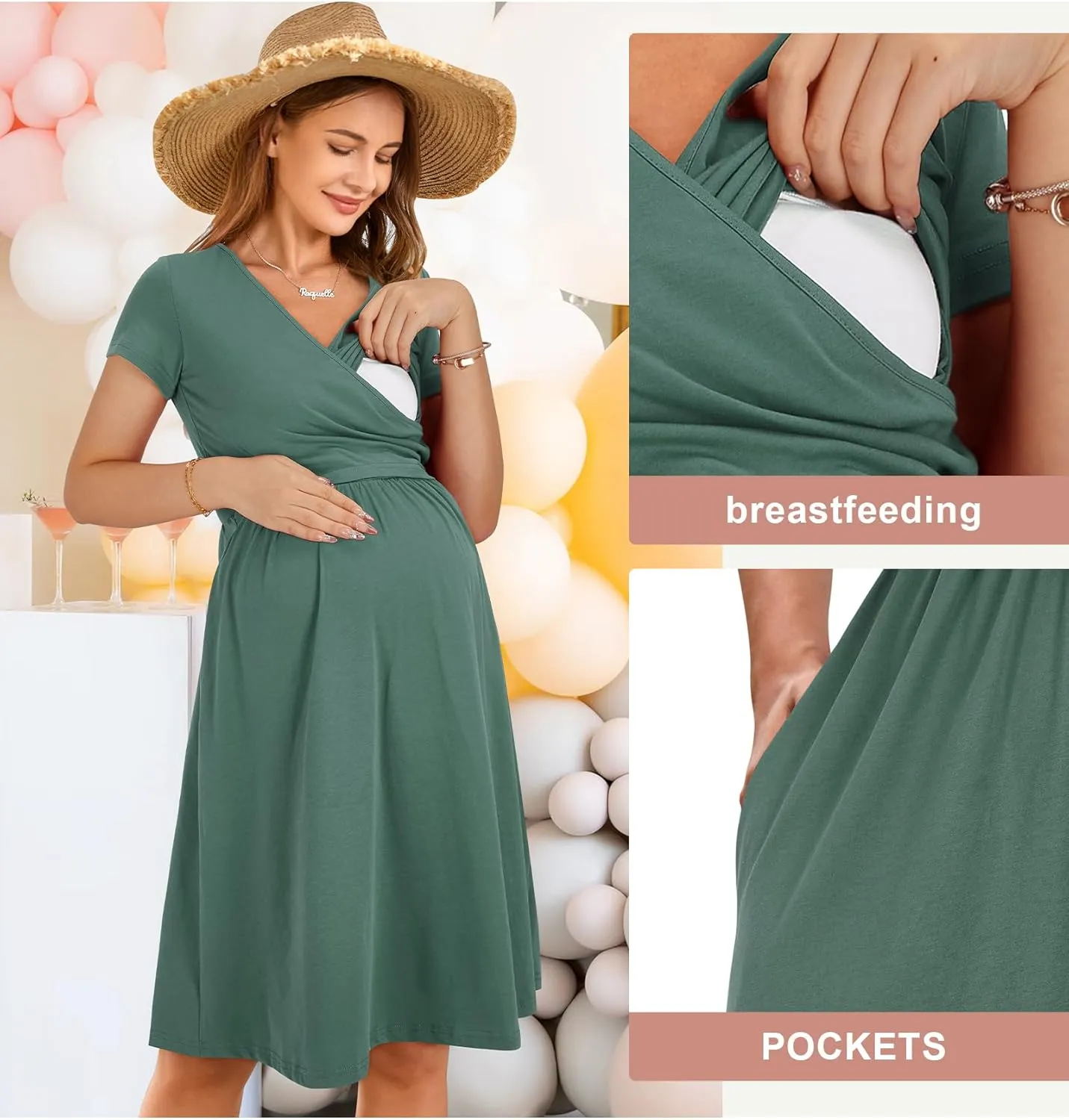 OUGES Women's 2025 Fashion V Neck Midi Dress with Pockets Maternity Clothes Nursing Dresses