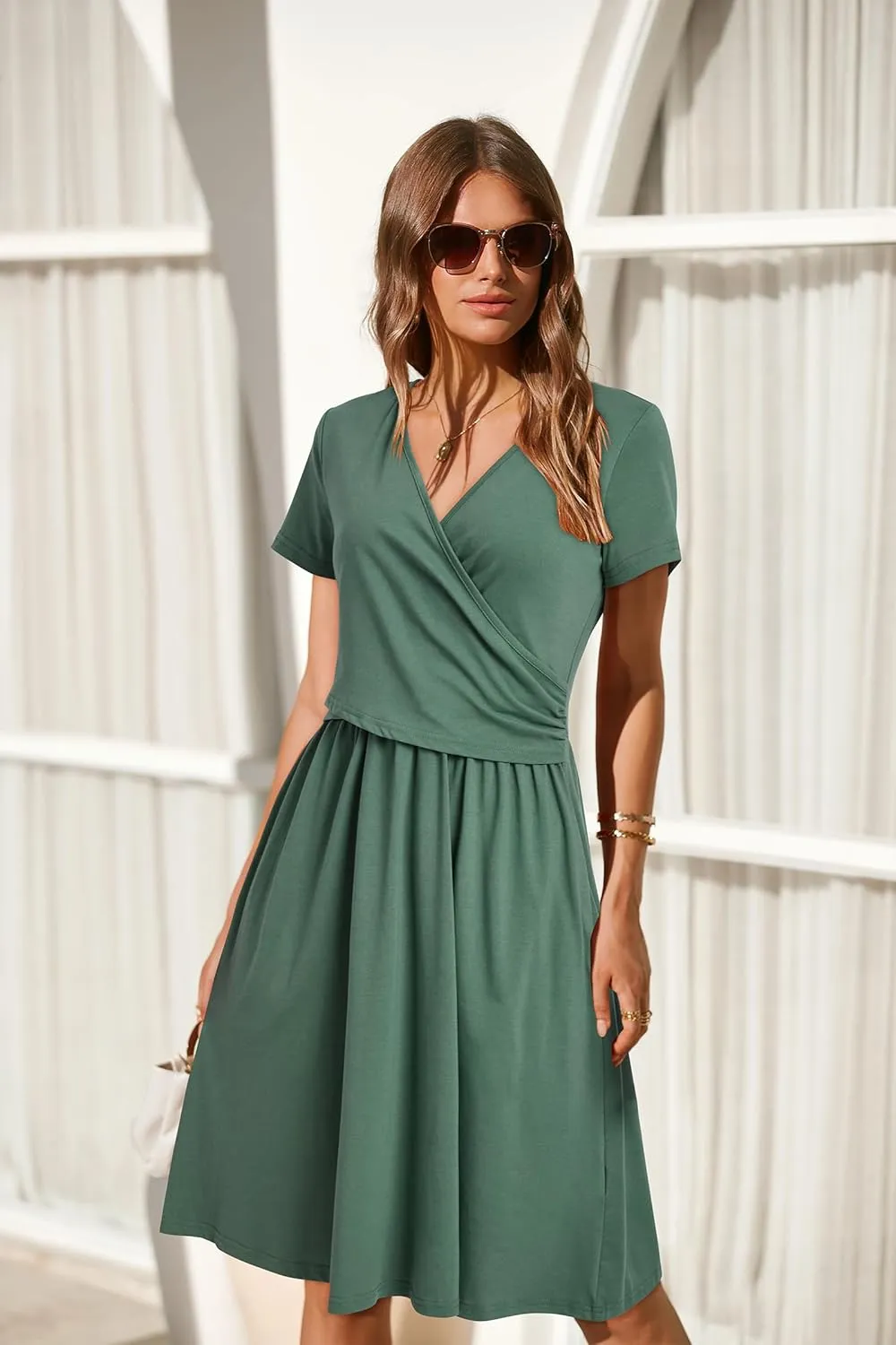OUGES Women's 2025 Fashion V Neck Midi Dress with Pockets Maternity Clothes Nursing Dresses