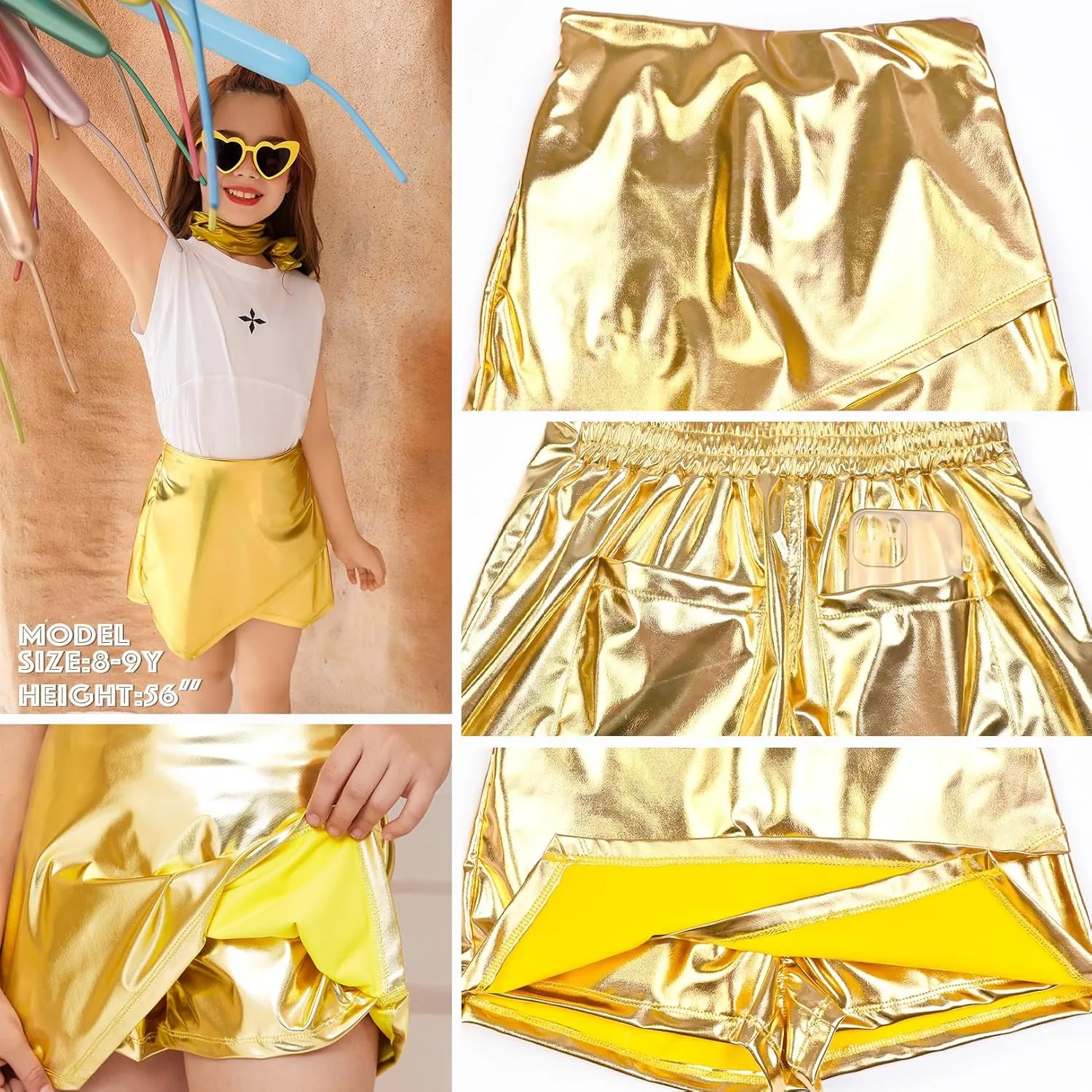 Perfashion Girls Metallic Skort High Waisted Stretchy Metallic Wrap Skirt Shorts Trendy Asymmetrical Skort 4-13Y