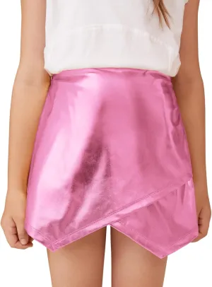 Perfashion Girls Metallic Skort High Waisted Stretchy Metallic Wrap Skirt Shorts Trendy Asymmetrical Skort 4-13Y