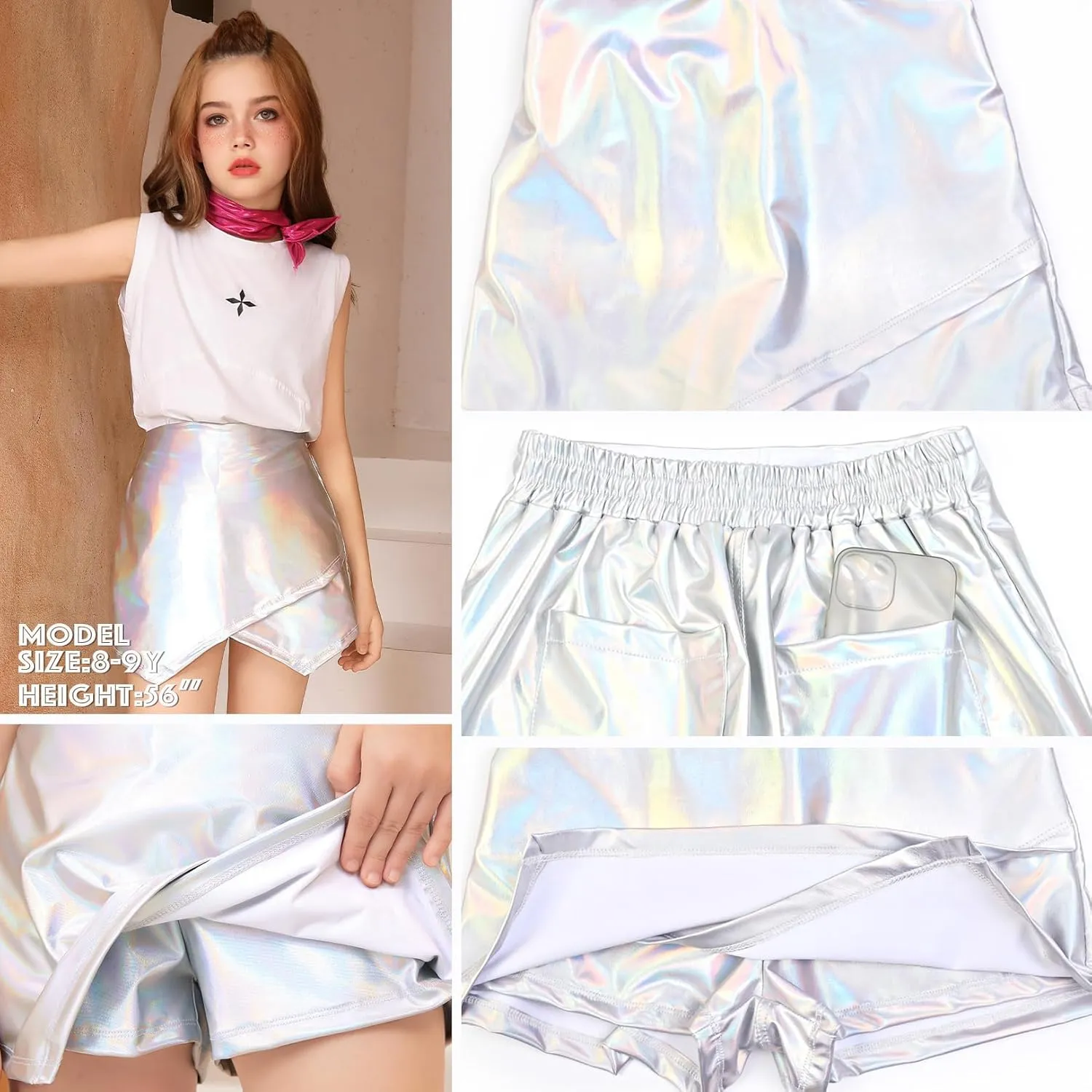 Perfashion Girls Metallic Skort High Waisted Stretchy Metallic Wrap Skirt Shorts Trendy Asymmetrical Skort 4-13Y