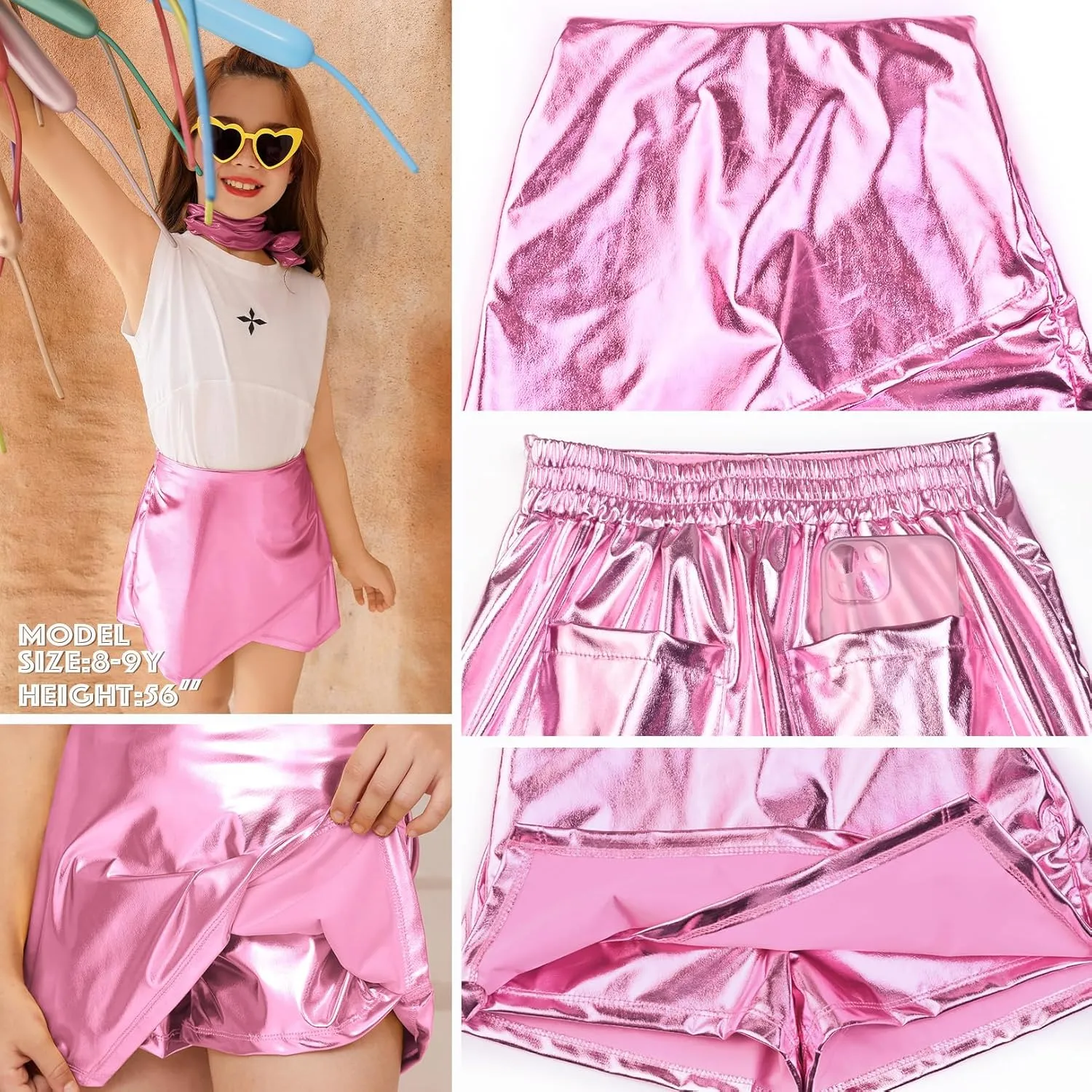 Perfashion Girls Metallic Skort High Waisted Stretchy Metallic Wrap Skirt Shorts Trendy Asymmetrical Skort 4-13Y