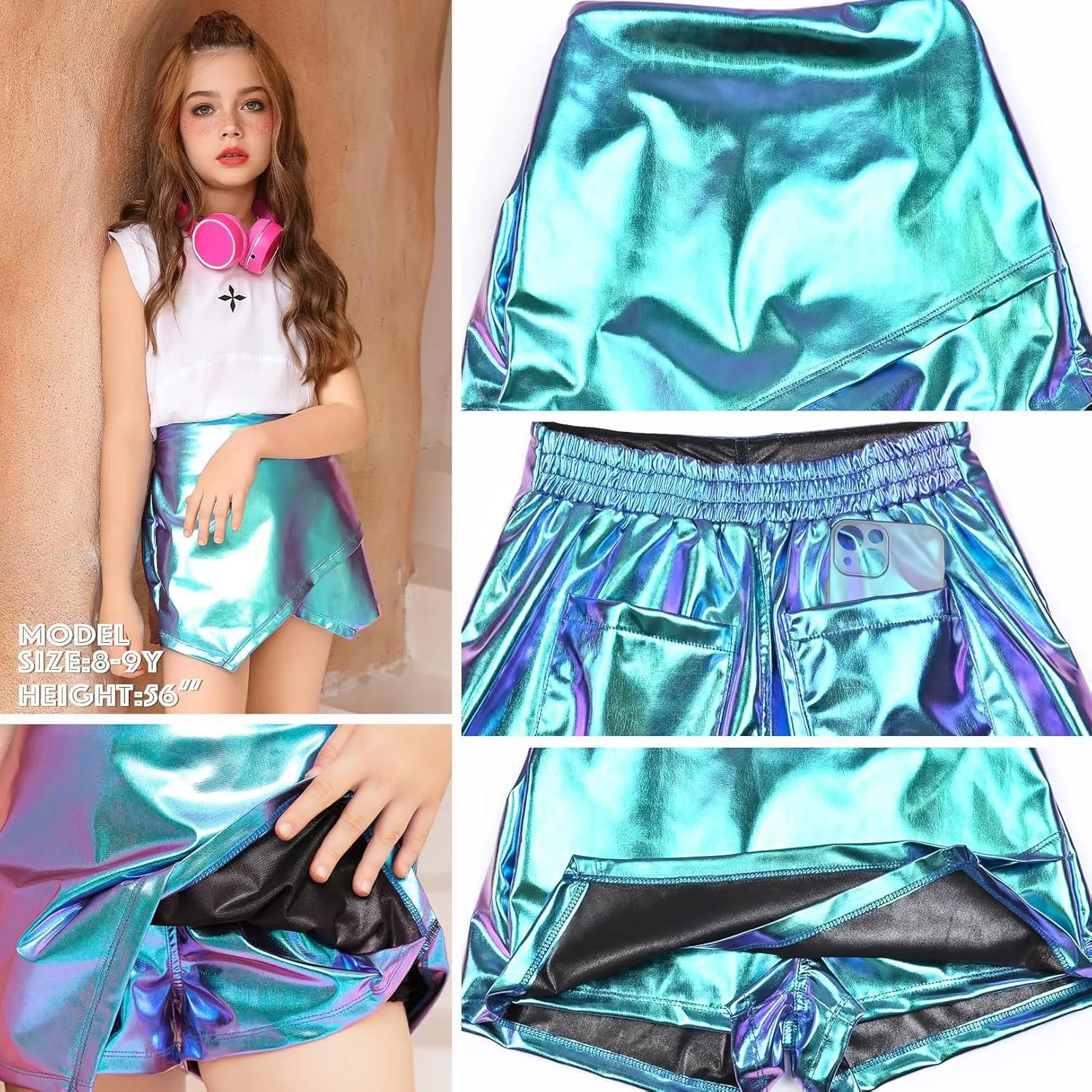 Perfashion Girls Metallic Skort High Waisted Stretchy Metallic Wrap Skirt Shorts Trendy Asymmetrical Skort 4-13Y