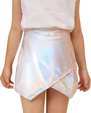 Perfashion Girls Metallic Skort High Waisted Stretchy Metallic Wrap Skirt Shorts Trendy Asymmetrical Skort 4-13Y