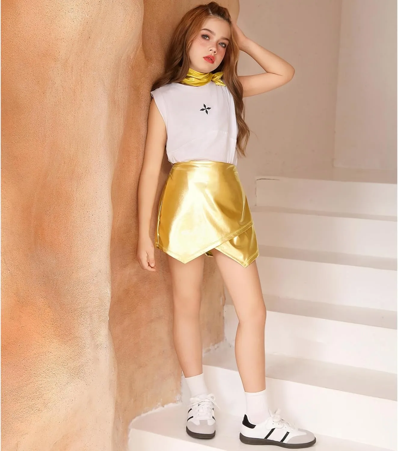 Perfashion Girls Metallic Skort High Waisted Stretchy Metallic Wrap Skirt Shorts Trendy Asymmetrical Skort 4-13Y