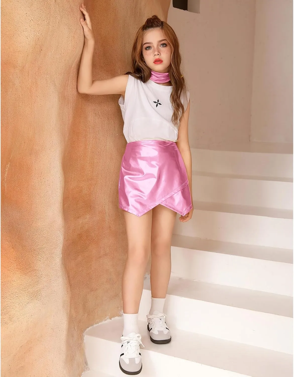 Perfashion Girls Metallic Skort High Waisted Stretchy Metallic Wrap Skirt Shorts Trendy Asymmetrical Skort 4-13Y