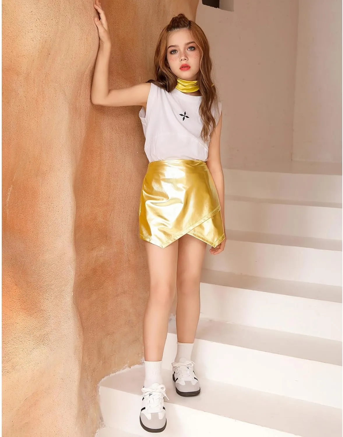 Perfashion Girls Metallic Skort High Waisted Stretchy Metallic Wrap Skirt Shorts Trendy Asymmetrical Skort 4-13Y