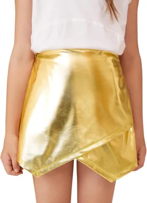 Perfashion Girls Metallic Skort High Waisted Stretchy Metallic Wrap Skirt Shorts Trendy Asymmetrical Skort 4-13Y