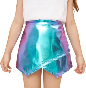 Perfashion Girls Metallic Skort High Waisted Stretchy Metallic Wrap Skirt Shorts Trendy Asymmetrical Skort 4-13Y