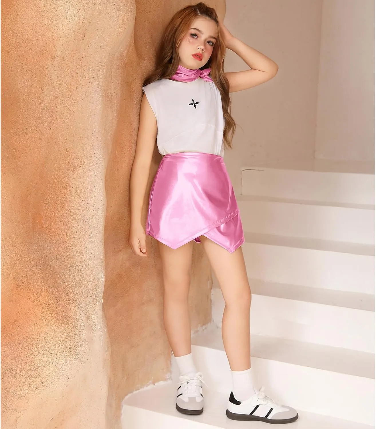Perfashion Girls Metallic Skort High Waisted Stretchy Metallic Wrap Skirt Shorts Trendy Asymmetrical Skort 4-13Y