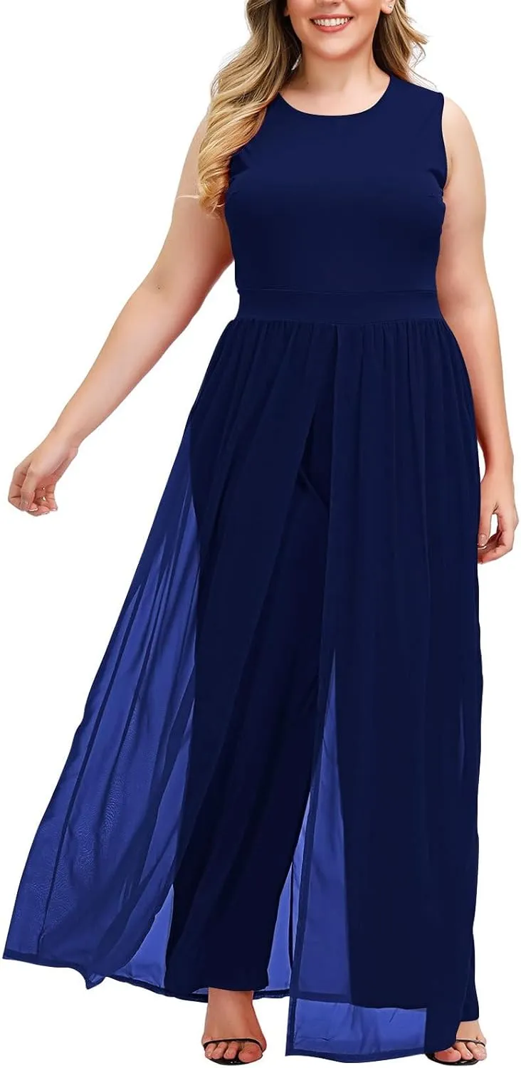 Pink Queen Women's Plus Size Sleeveless Tank Top Wide Leg Long Pants Chiffon Overlay Party Jumpsuit