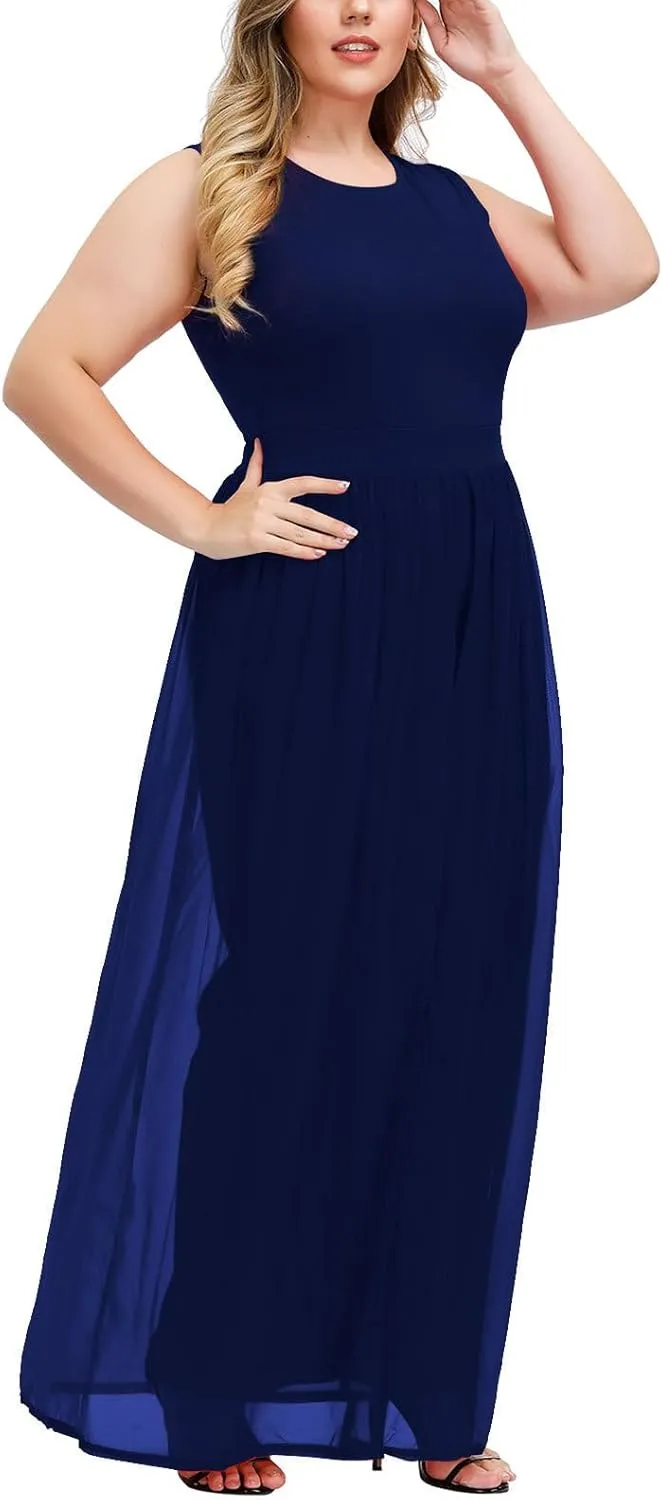 Pink Queen Women's Plus Size Sleeveless Tank Top Wide Leg Long Pants Chiffon Overlay Party Jumpsuit