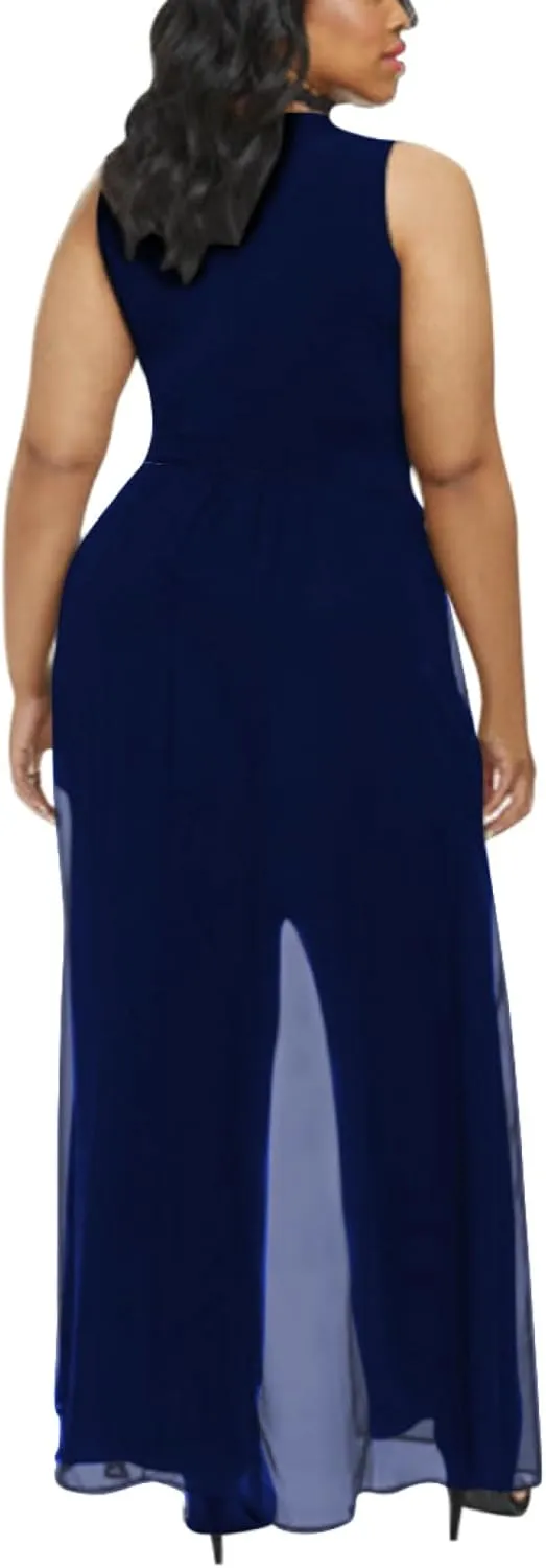 Pink Queen Women's Plus Size Sleeveless Tank Top Wide Leg Long Pants Chiffon Overlay Party Jumpsuit