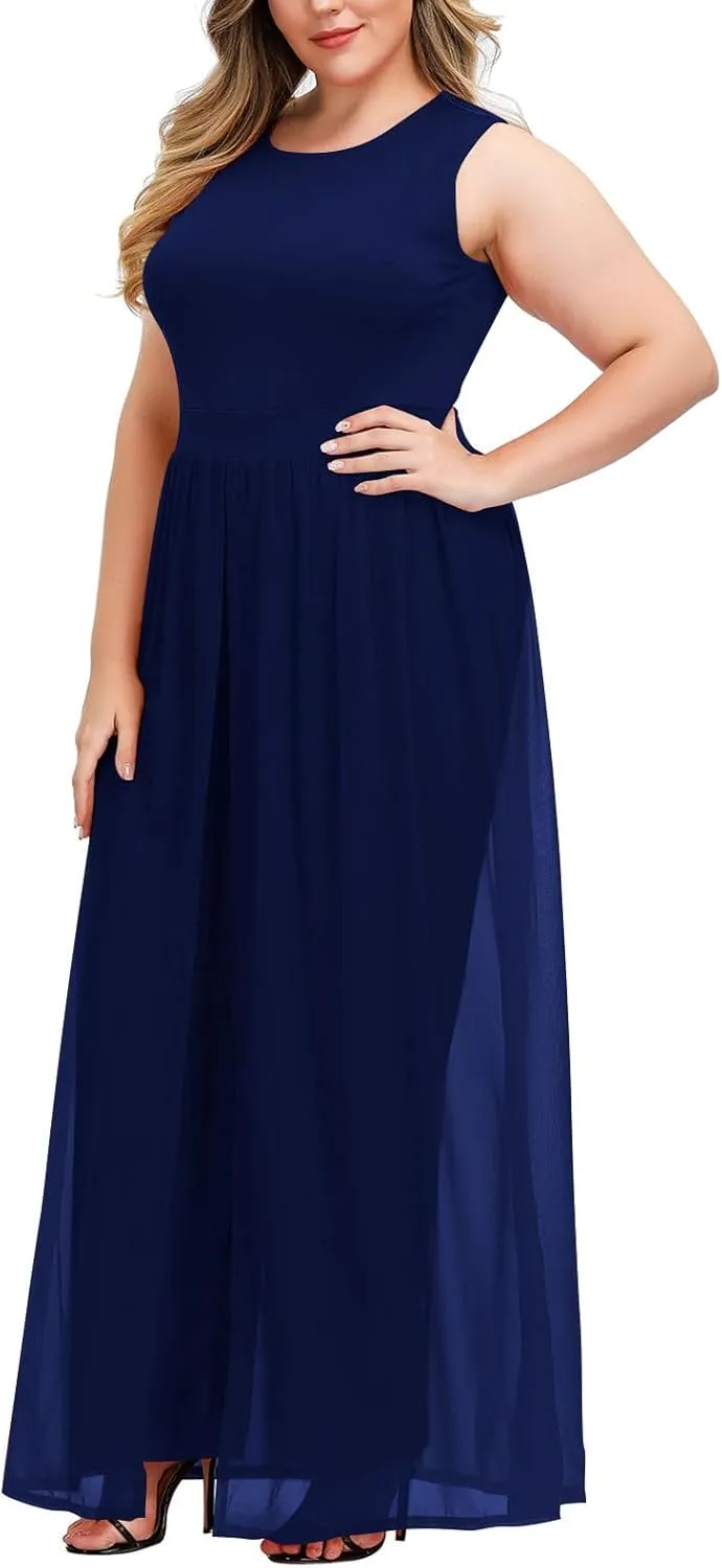 Pink Queen Women's Plus Size Sleeveless Tank Top Wide Leg Long Pants Chiffon Overlay Party Jumpsuit