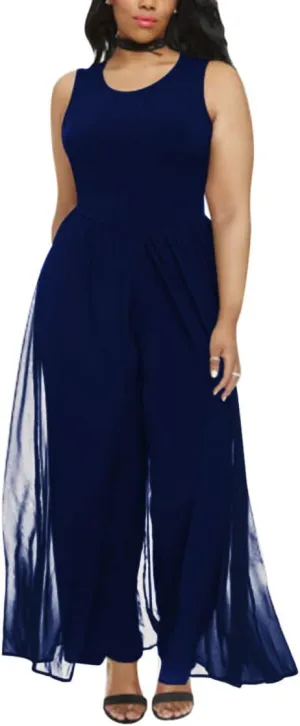 Pink Queen Women's Plus Size Sleeveless Tank Top Wide Leg Long Pants Chiffon Overlay Party Jumpsuit
