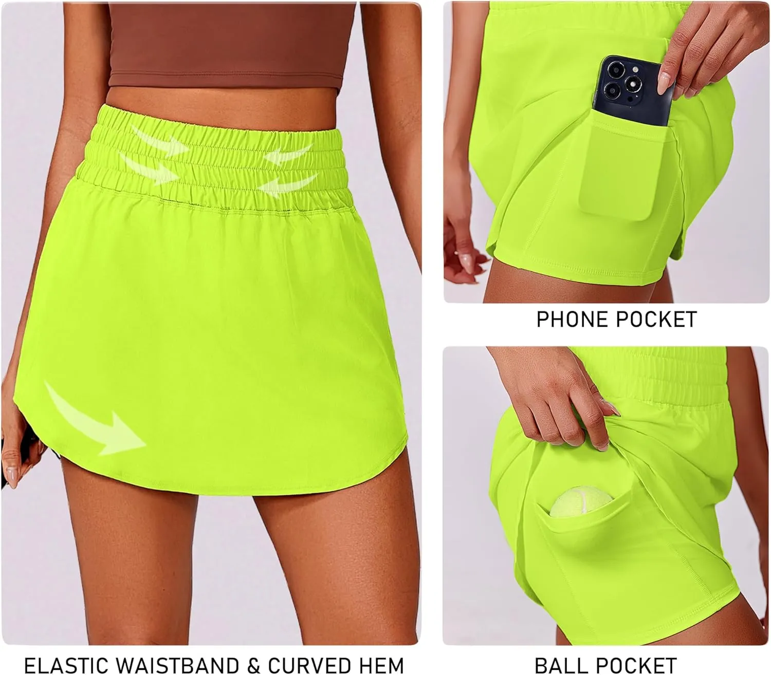 PINSPARK Golf Skirts for Women High Elastic Waisted Athletic Skort 2 Pockets Curved Hem Tennis Skirt for Pickleball Workout