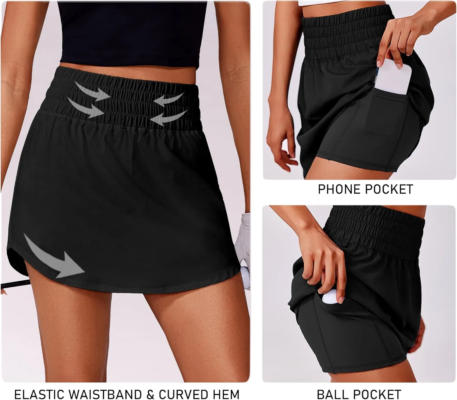 PINSPARK Golf Skirts for Women High Elastic Waisted Athletic Skort 2 Pockets Curved Hem Tennis Skirt for Pickleball Workout