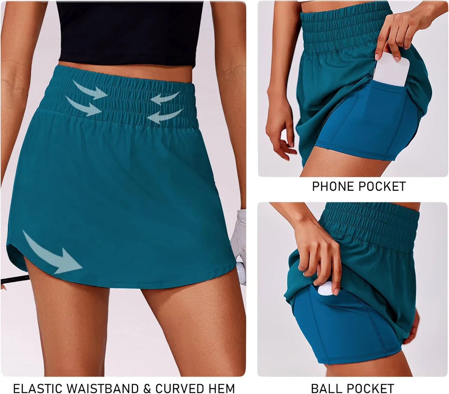 PINSPARK Golf Skirts for Women High Elastic Waisted Athletic Skort 2 Pockets Curved Hem Tennis Skirt for Pickleball Workout