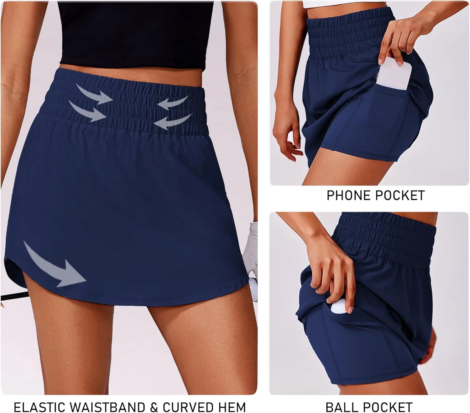 PINSPARK Golf Skirts for Women High Elastic Waisted Athletic Skort 2 Pockets Curved Hem Tennis Skirt for Pickleball Workout