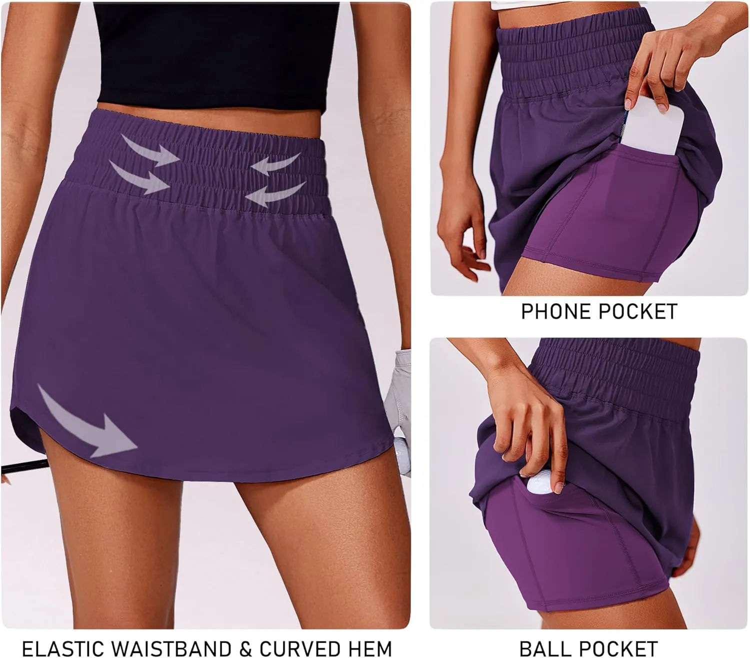 PINSPARK Golf Skirts for Women High Elastic Waisted Athletic Skort 2 Pockets Curved Hem Tennis Skirt for Pickleball Workout