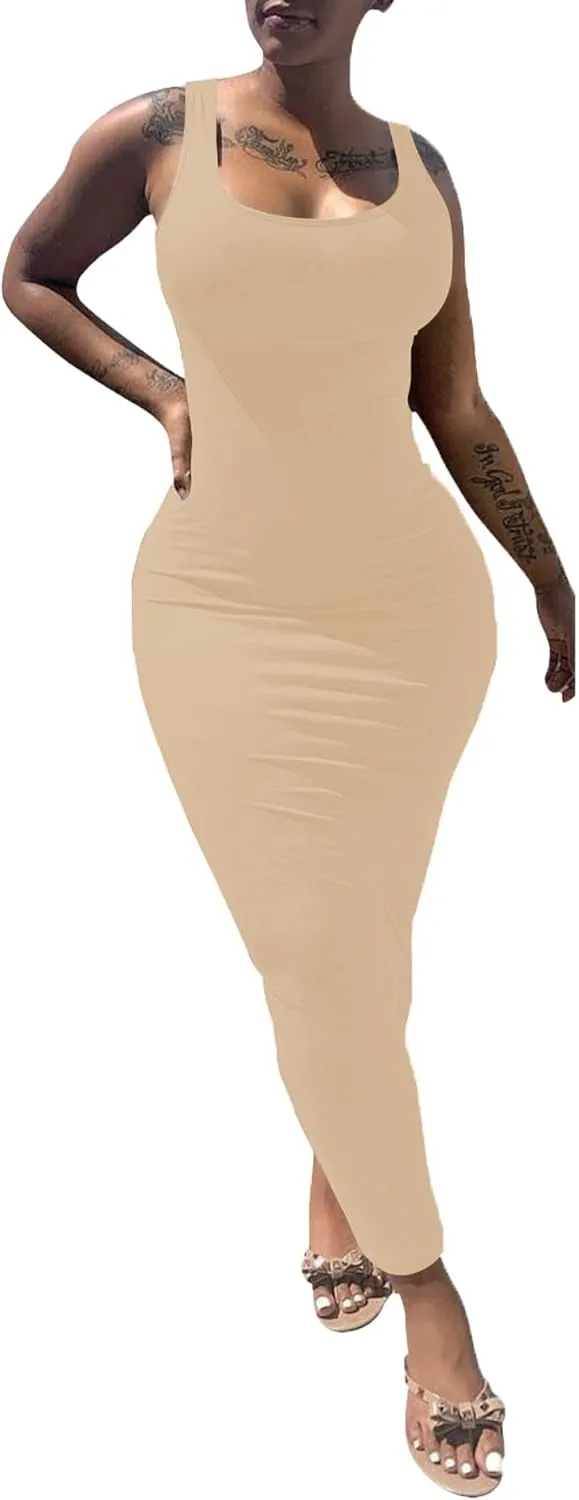 PINSV Women's Sexy Bodycon Tank Dress Basic Sleeveless Long Maxi Dresses Party Club Beach Sundresses