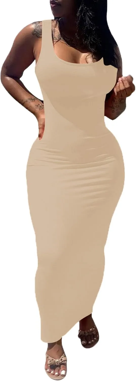 PINSV Women's Sexy Bodycon Tank Dress Basic Sleeveless Long Maxi Dresses Party Club Beach Sundresses