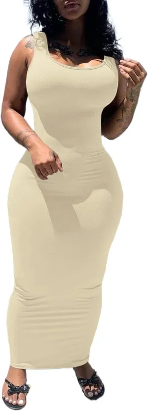 PINSV Women's Sexy Bodycon Tank Dress Basic Sleeveless Long Maxi Dresses Party Club Beach Sundresses