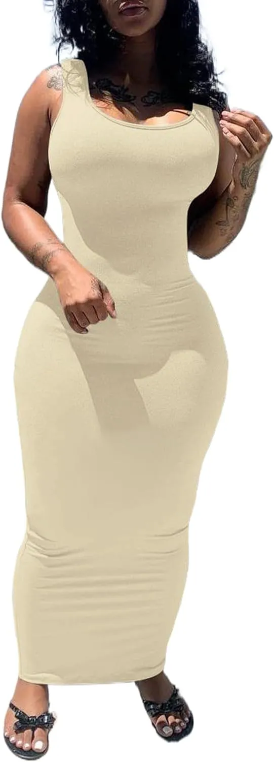 PINSV Women's Sexy Bodycon Tank Dress Basic Sleeveless Long Maxi Dresses Party Club Beach Sundresses