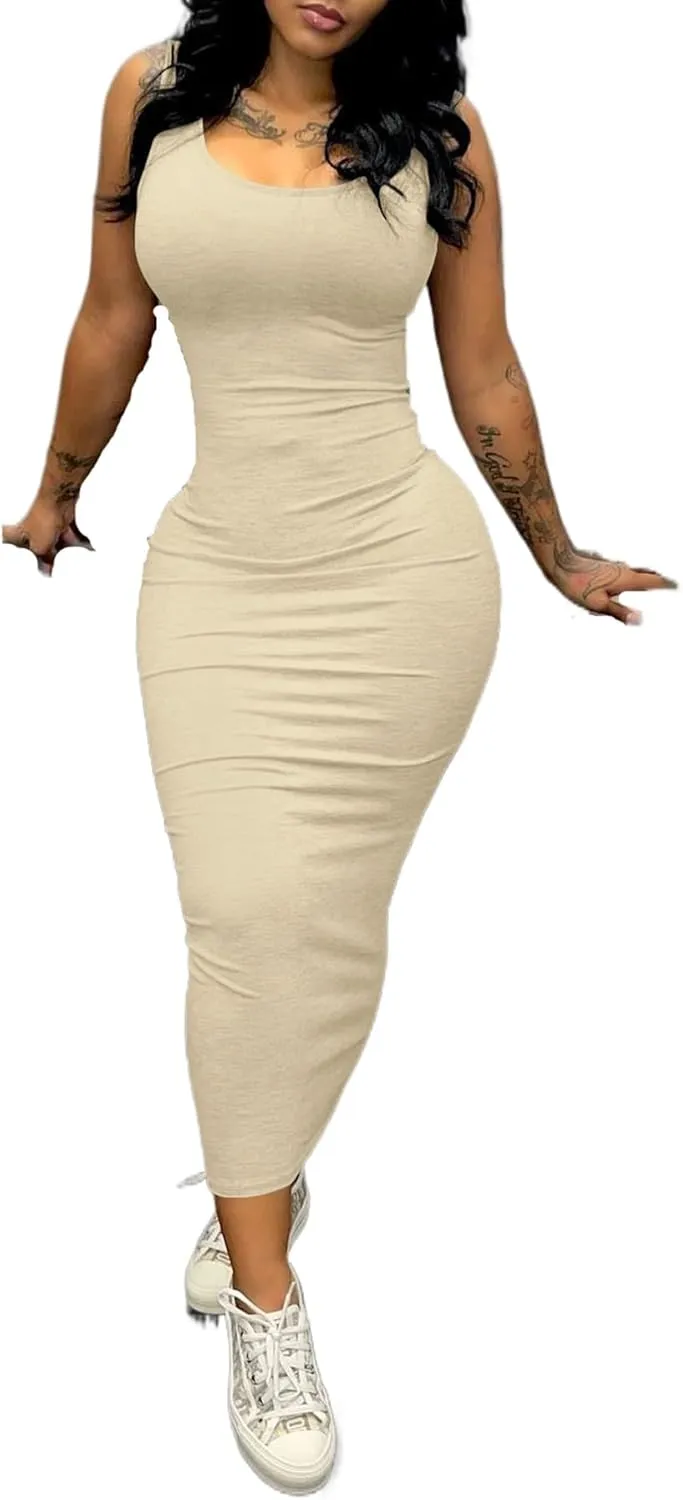 PINSV Women's Sexy Bodycon Tank Dress Basic Sleeveless Long Maxi Dresses Party Club Beach Sundresses