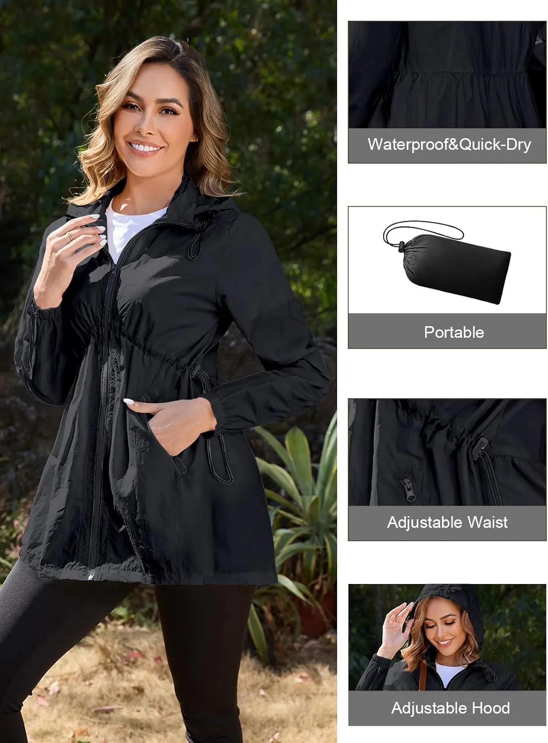 PITINAN Womens Rain Jacket Lightweight Waterproof Jacket With Hood Outdoor Packable Raincoat with Pockets S-XXL