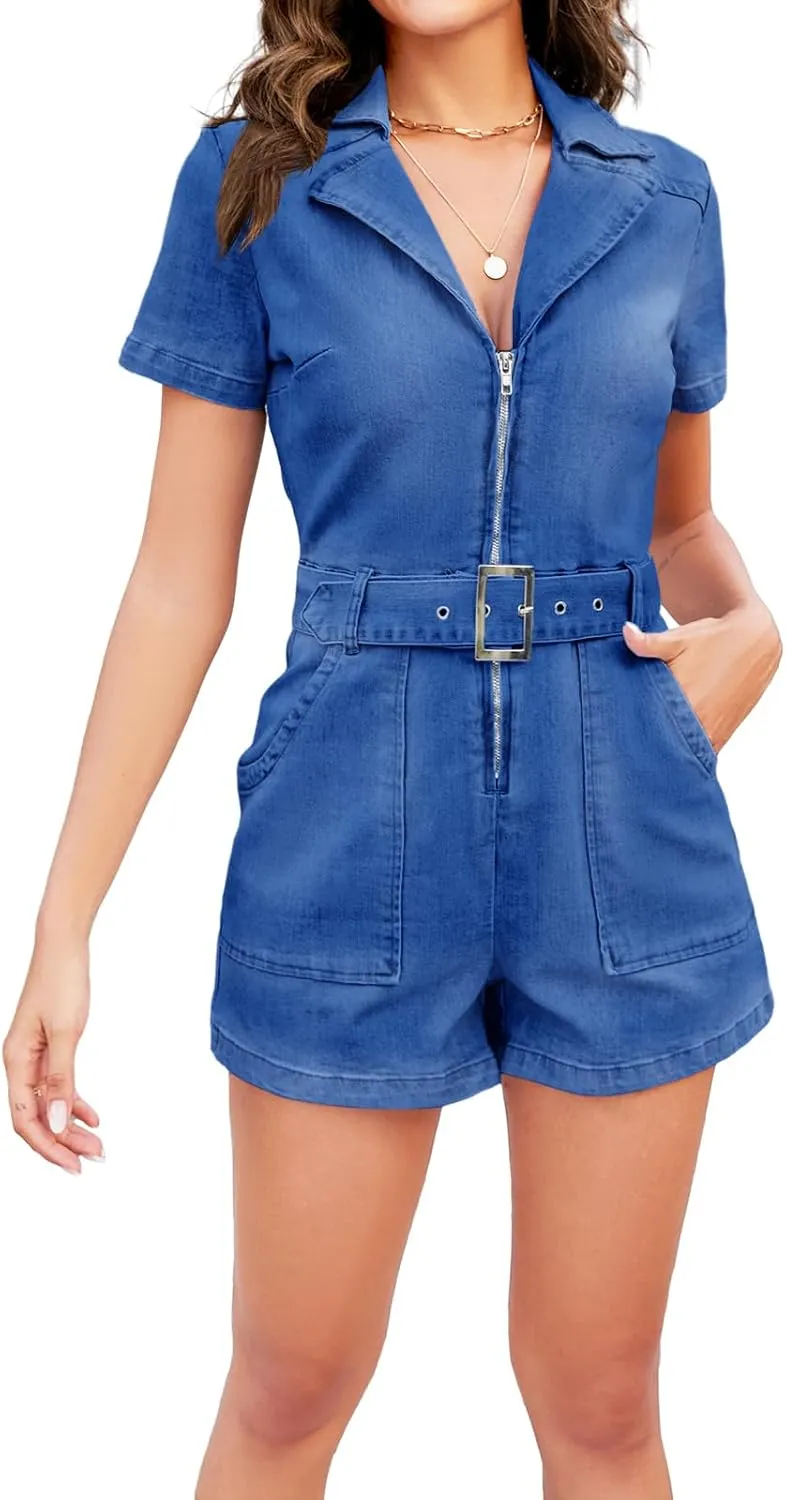 PLNOTME Women's Summer Denim Rompers Zip Up Belted Short Jeans Jumpsuits with Pockets