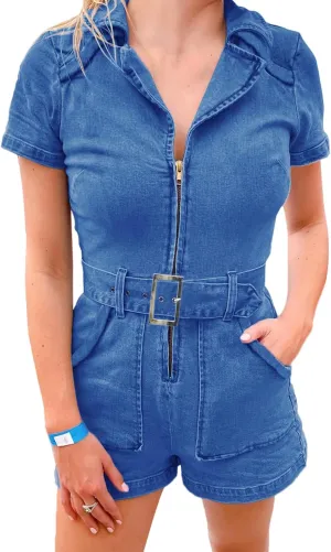 PLNOTME Women's Summer Denim Rompers Zip Up Belted Short Jeans Jumpsuits with Pockets