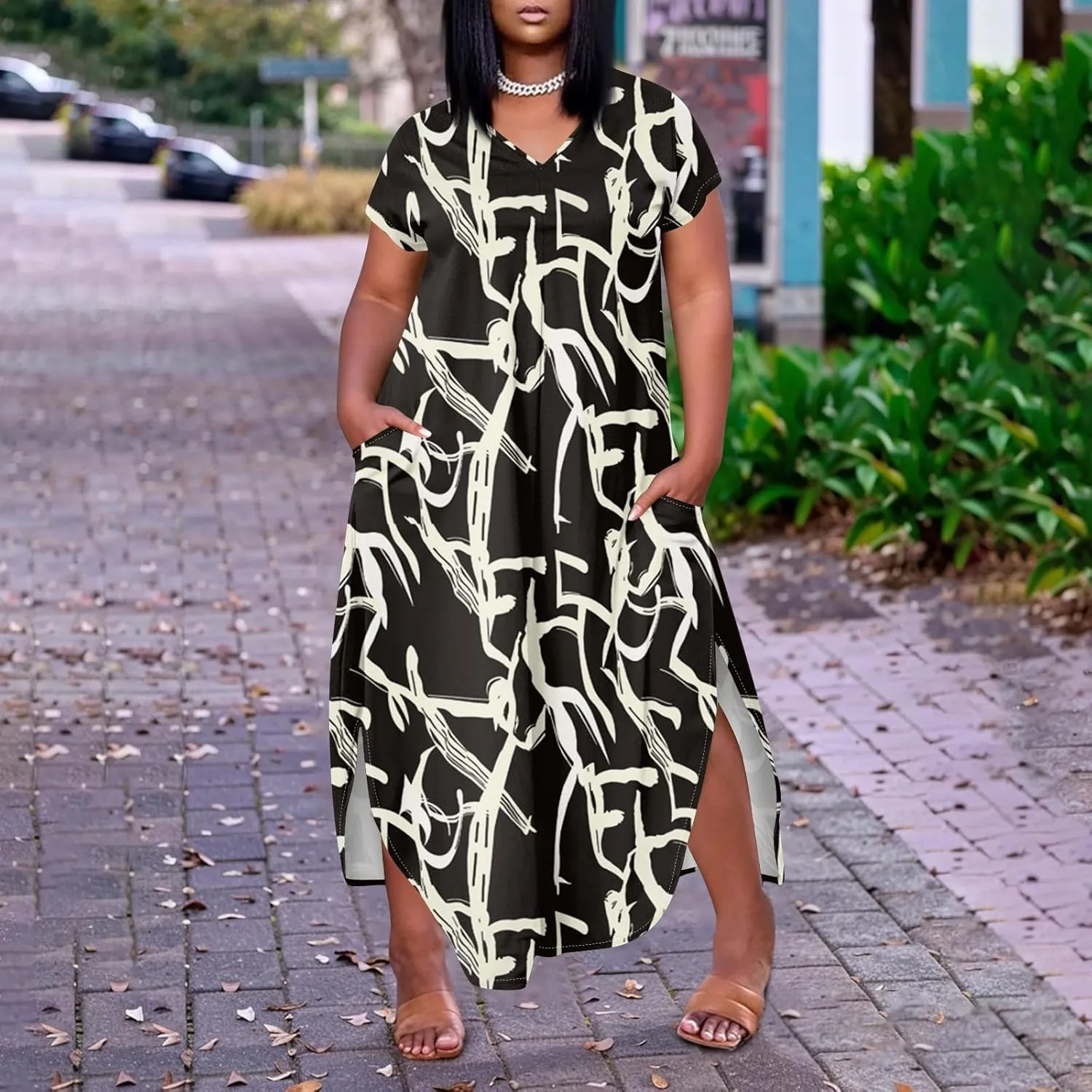 Plus Size Maxi Dress for Curvy Women Summer Casual Floral Print V Neck Pockets Beach Coverup Vacation Loose Sundress