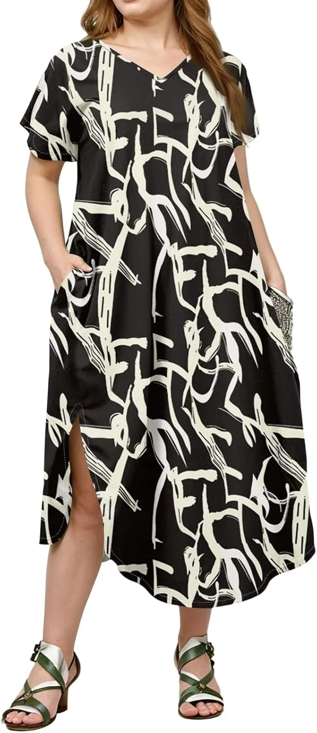 Plus Size Maxi Dress for Curvy Women Summer Casual Floral Print V Neck Pockets Beach Coverup Vacation Loose Sundress