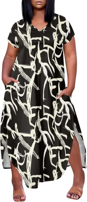 Plus Size Maxi Dress for Curvy Women Summer Casual Floral Print V Neck Pockets Beach Coverup Vacation Loose Sundress