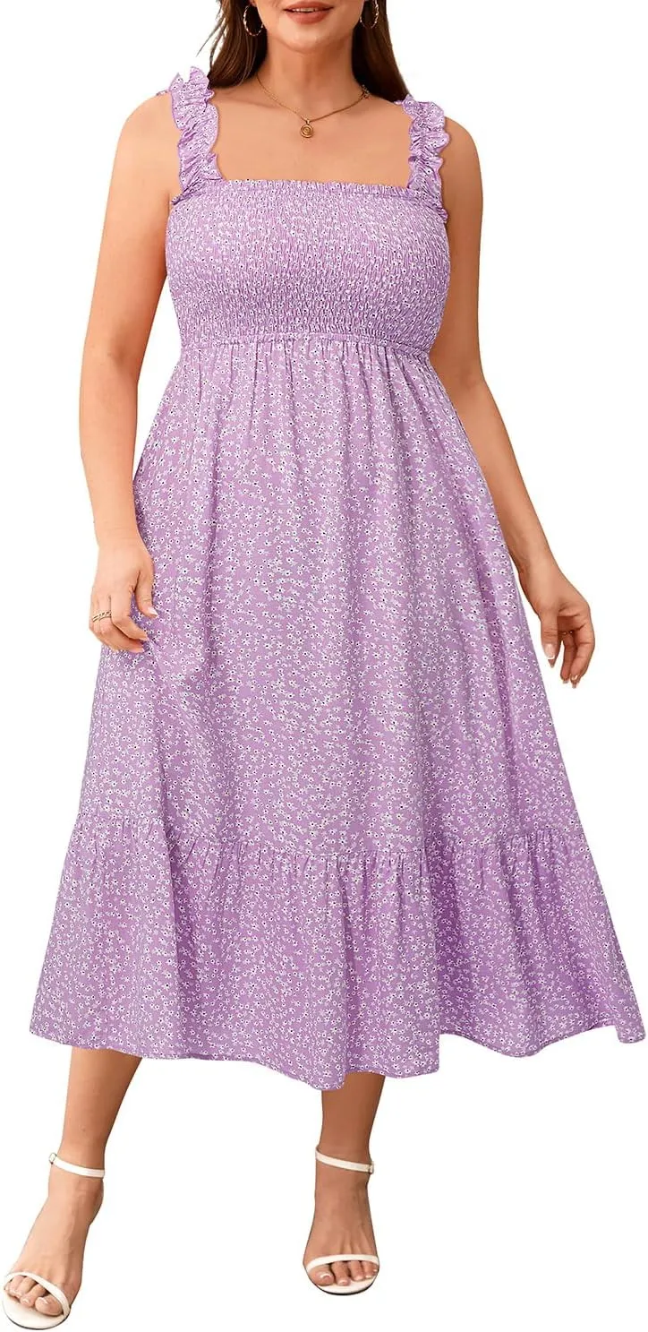 Plus Size Summer Dress - Sun Boho Beach Casual Floral Spaghetti Strap Sleeveless Long Maxi Dresses