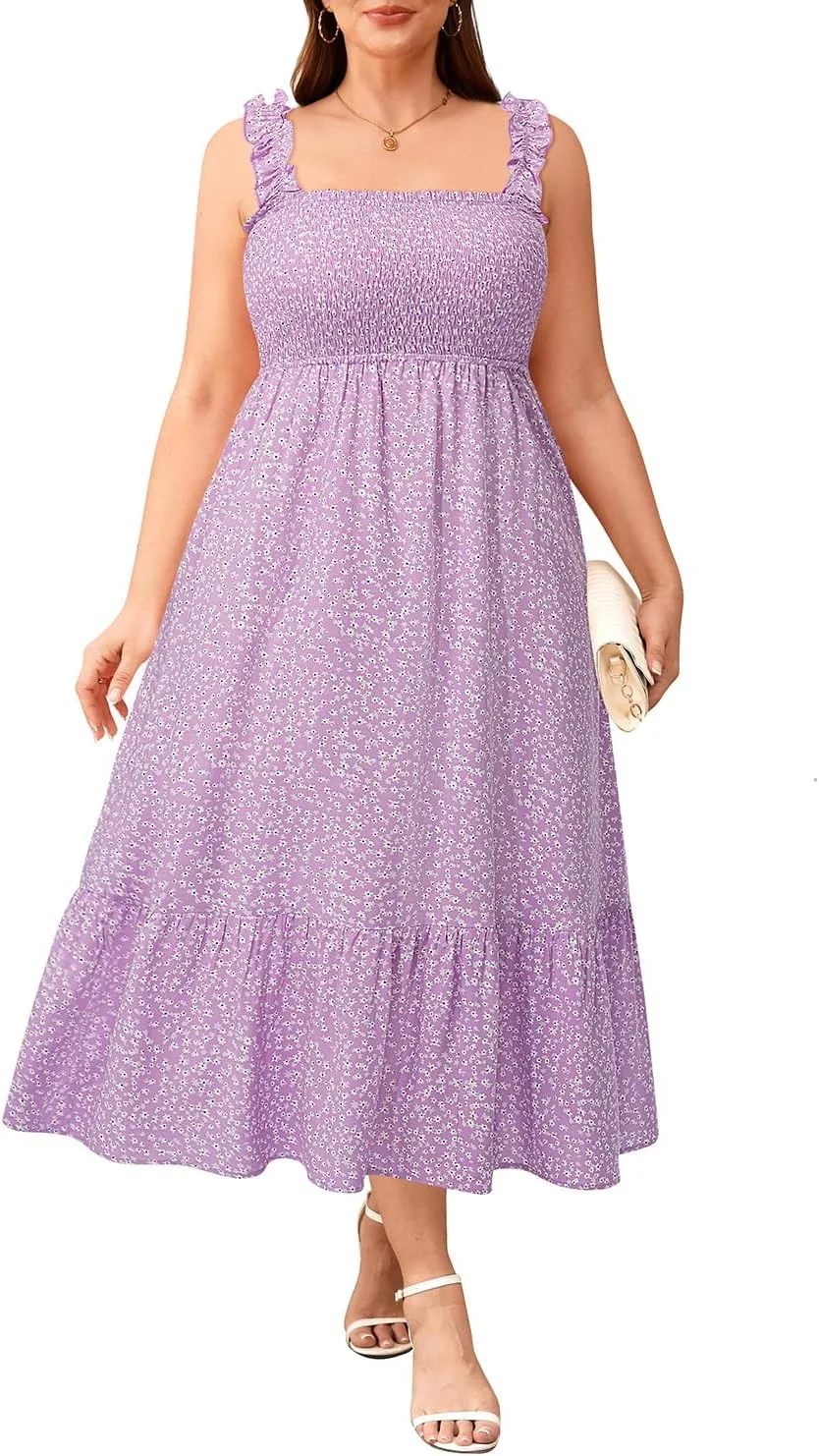Plus Size Summer Dress - Sun Boho Beach Casual Floral Spaghetti Strap Sleeveless Long Maxi Dresses
