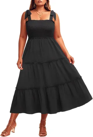 Plus Size Summer Dress - Sun Boho Beach Casual Floral Tiered Smocked Long Maxi Dresses