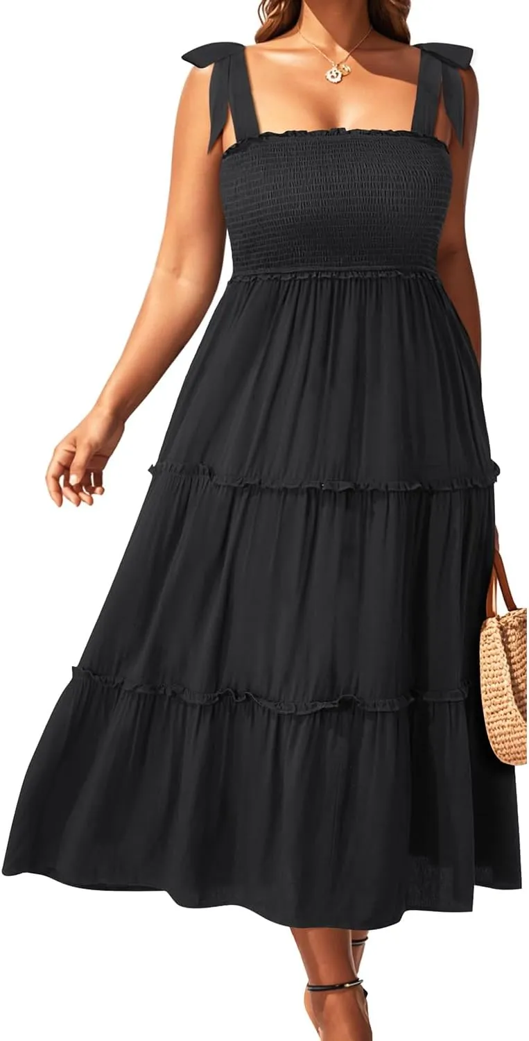 Plus Size Summer Dress - Sun Boho Beach Casual Floral Tiered Smocked Long Maxi Dresses
