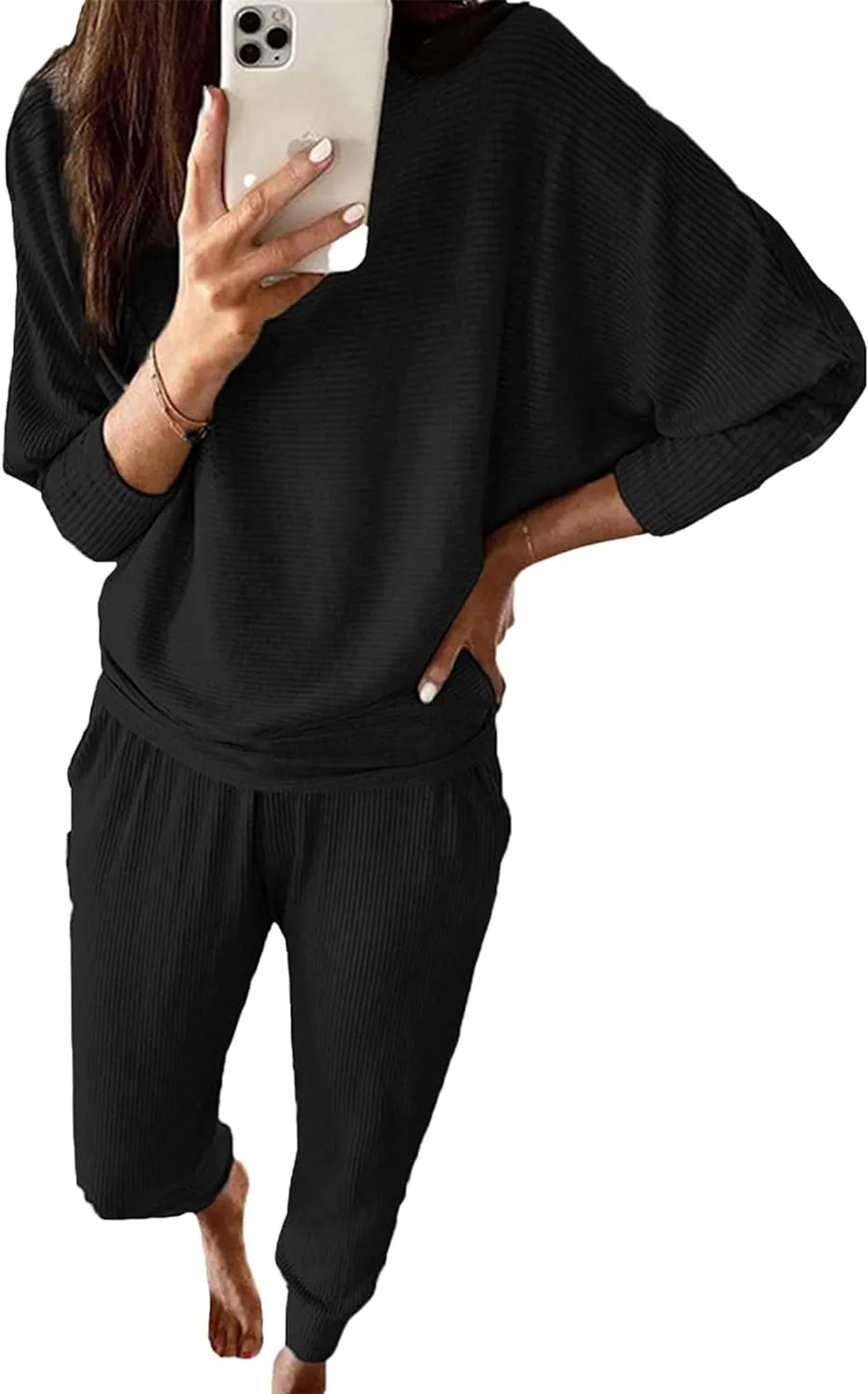 PRETTYGARDEN Women's Fall 2 Piece Outfits Fashion Sweatsuit Long Sleeve Pullover Pants Ribbed Spring Matching Lounge Set